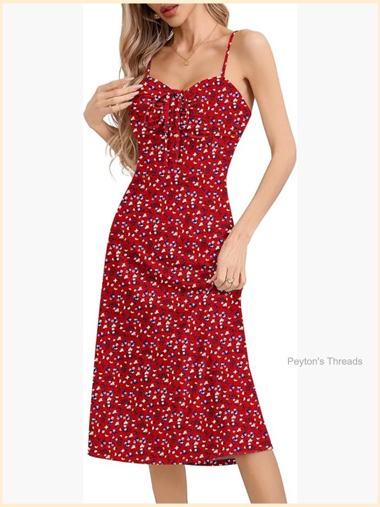 Women's Floral Midi Sundress Spaghetti Strap Drawstring Front Fit And Flare